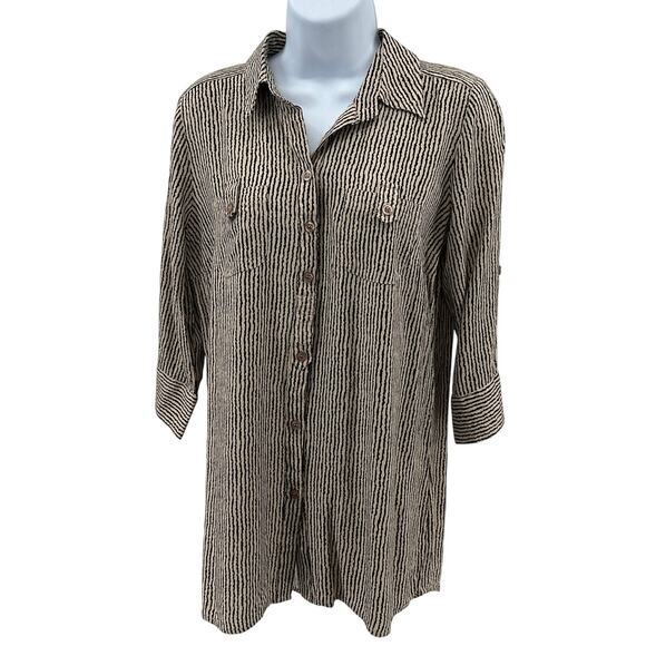 FDJ French Dressing Jeans Shirt SZ L Tan Black Striped Roll Tab Sleeve Button Up - Picture 1 of 7